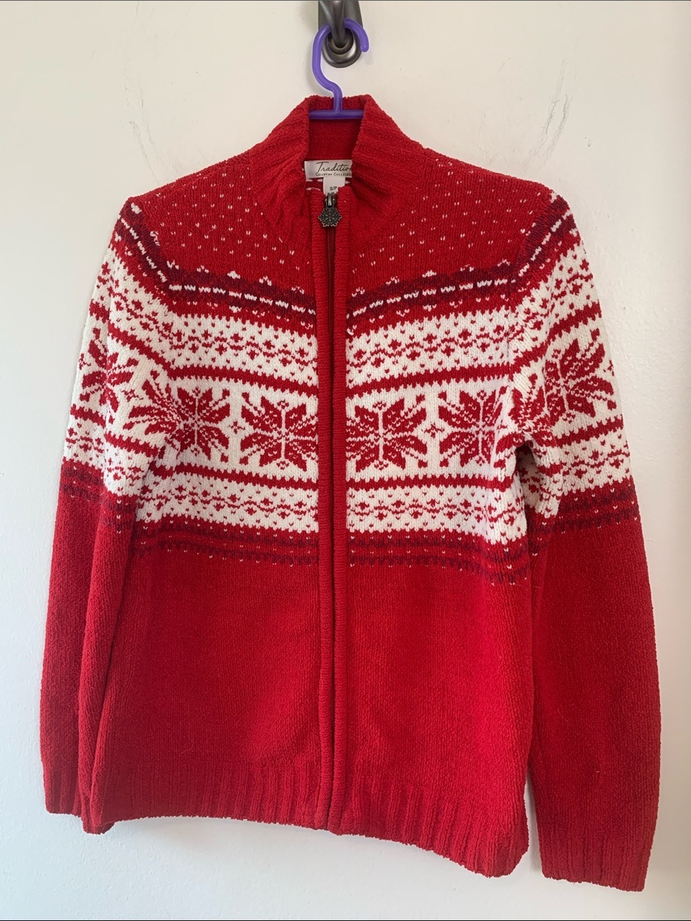 Red Vintage  NWOT Fair Isle Zip-Front Cardigan Sweater w Snowflake Zipper